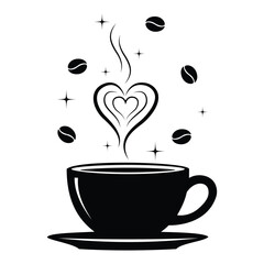 Coffee cup with heart shaped aroma and coffee beans minimalist black silhouette vector for cafe and love.