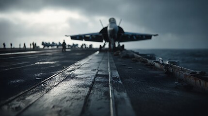 fighter jet on aircraft carrier deck prepares for takeoff