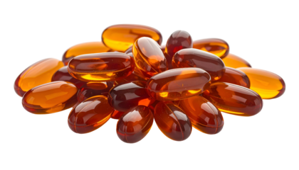A pile of clear, amber-colored gel capsules against a stark black background