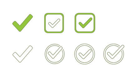 checkmark icons and green validation symbols for successful task completion in modern digital ui design web mobile app and business graphics.