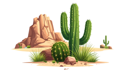Vivid cartoon illustration of desert landscape with cacti, rocks, and sparse vegetation