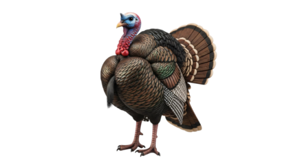 Turkey with red head and brown feathers on it head standing in.