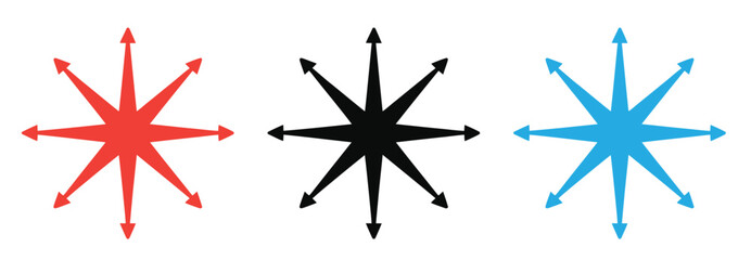 Fototapeta premium Multi-directional outward arrows radiating from a central point, symbolizing expansion, spread, and diverse possibilities, isolated vector icon.
