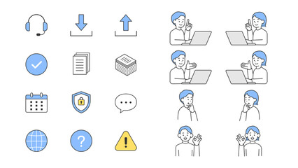 ビジネスに関するアイコンと人物素材のイラストセット　ベクター