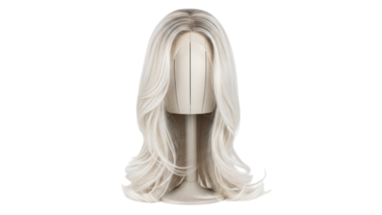 White wig with long wavy hair on mann mann headpieces mann mann.