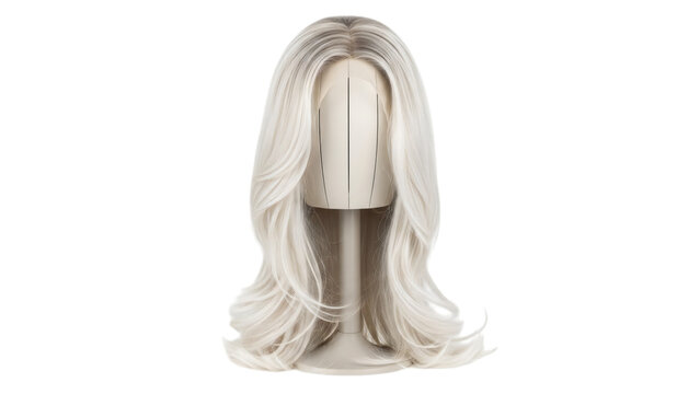White wig with long wavy hair on mann mann headpieces mann mann.
