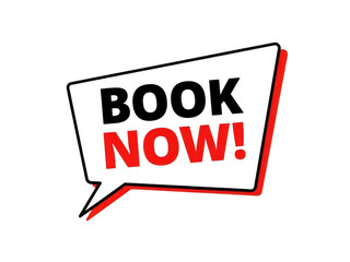 Dynamic Red and Black "BOOK NOW!" Speech Bubble Vector Icon, Call to Action for Reservations and Appointments