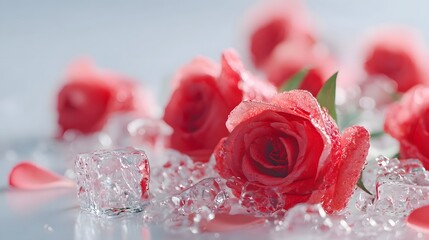 A close up of vibrant red roses with dew drops surrounded by crystal clear ice cubes and soft pink petals creating a cool and elegant botanical scene