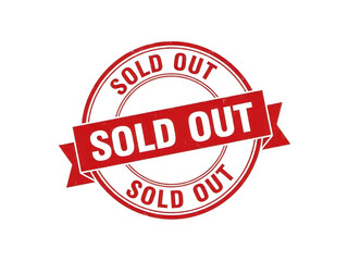 Circular Red Sold Out Rubber Stamp with Ribbon Banner and Stars Design, Indicating Item Unavailability on White Background