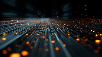 Dynamic amber data flow in AI processing system on a dark background