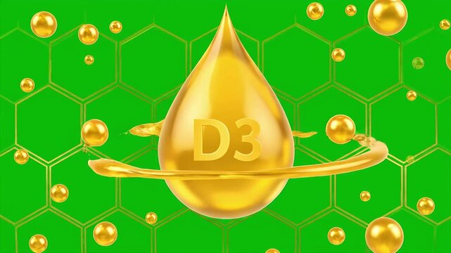 Vitamin D3 Drop with Honeycomb Pattern on Green Screen Background
