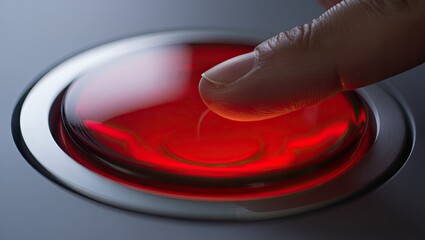 A large red button being pressed creates a sense of urgency and action with clean lighting and strong color focus. Generative AI.