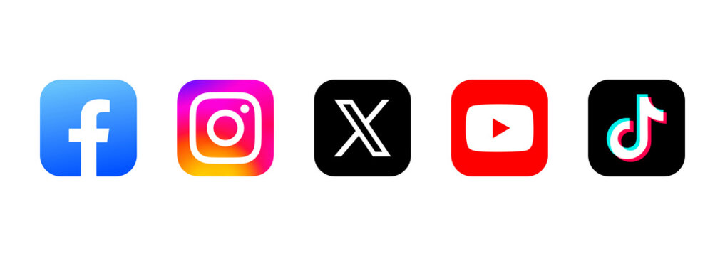 Popular Five social media network logo icons set 2026. Facebook, Instagram, X (Twitter), YouTube, TikTok