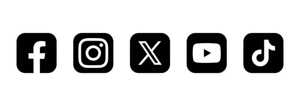 Popular Five social media network logo icons set 2026. Facebook, Instagram, X (Twitter), YouTube, TikTok