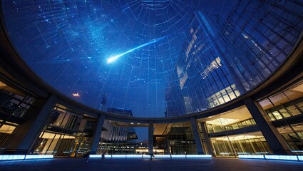 A futuristic architectural view with a wide glass dome shows a night sky filled with stars and dynamic space reflections. Generative AI.