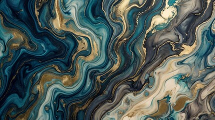 Abstract Swirls of Teal Blue Emerald Green and Gold Glimmering Particles on a Textured Marble Background