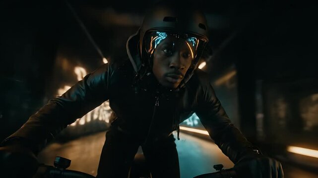 Motorcyclist riding motorcycle at high speed. Helmet visor reflects neon tunnel lights and sparks. Action closeup captures riding focus and motion. Night urban intensity conveys thrill and energy.