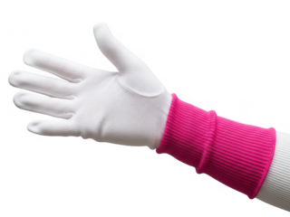 Hand wearing white glove with pink cuff isolated on transparent background
