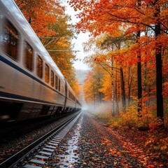 Fototapeta premium Autumn train journey through forest landscape with vibrant orange foliage