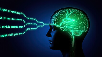 A human head silhouette receives bright digital streams symbolizing data flow and cognitive processing in a modern tech style. Generative AI.