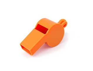 A bright orange plastic whistle with a circular body and a small, round hole at the top for blowing, isolated white background