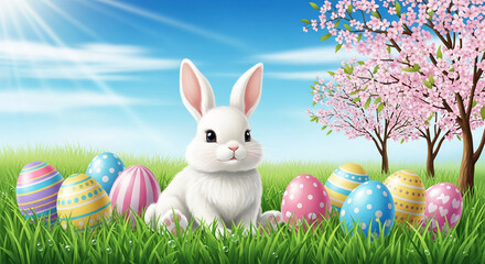 Illustration of white rabbit with painted eggs in grass, under blooming tree, against blue sky, represents Easter, spring, renewal, and joyful celebration