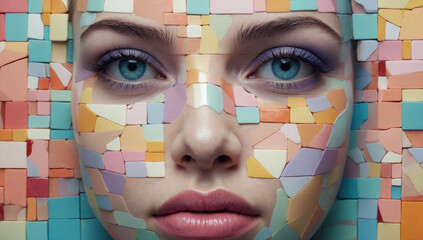 Abstract facial portrait where a woman&rsquo;s skin transforms into a pastel tile mosaic, merging realism and geometry in a futuristic, artistic, and visually striking image.