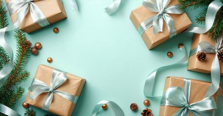 Wrapped gifts, ribbons, pine branches create festive holiday scene. Soft teal background provides neutral space.
