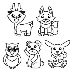 Cute forest animals line art collection, hand drawn deer, fox, bear, rabbit and owl doodles set for coloring page