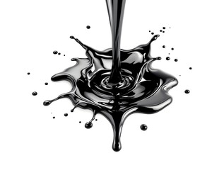 A high-contrast black and white photograph of a glossy, viscous liquid splashing against a white background, 