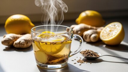 Close Up of Steaming Ginger Lemon Tea with Fresh Ingredients