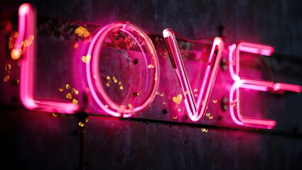 A neon pink love sign glows brightly against a blurred background creating a romantic vibrant aesthetic for modern design. Generative AI.