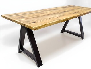  a rustic wooden table with a smooth, light brown finish and black metal X-legs, set against a plain white background. 
