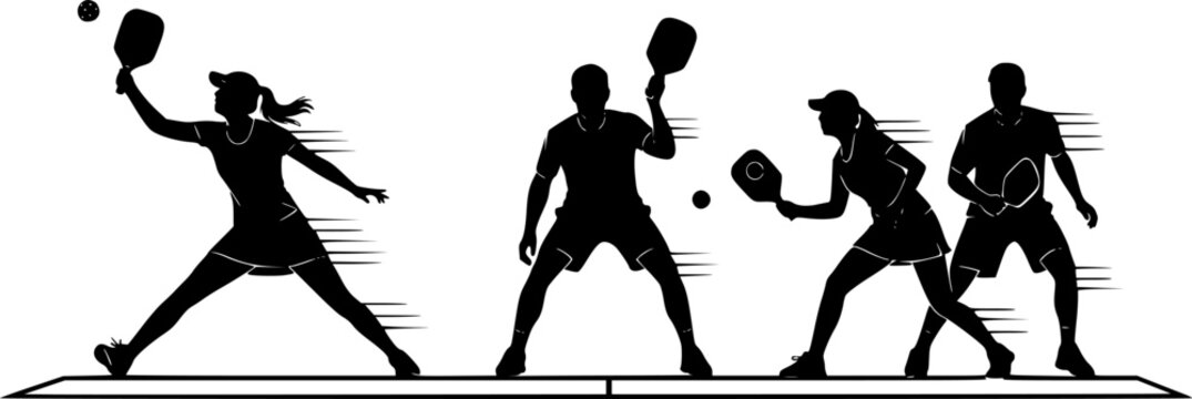 Dynamic pickleball doubles players silhouette action on court. Mixed doubles match with paddles and ball sports vector for recreation.