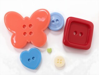 A colorful photo of a set of four fabric buttons, including a butterfly, a heart, a square, and a round button, with a small white button.