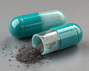 An open and a closed teal capsule on a gray surface with gray powder spilling out