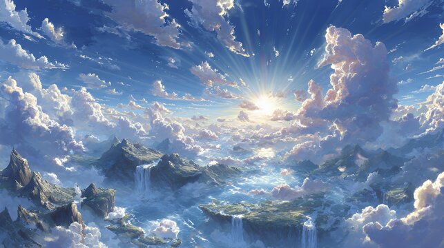 雲海・太陽・光芒が描く幻想の空、雲と浮島と滝、海と山岳の大パノラマ