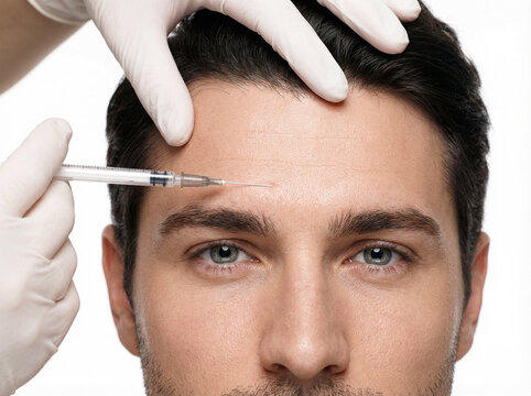 Man receiving cosmetic botulinum toxin injection in forehead for wrinkle reduction and anti-aging treatment at a cosmetic clinic