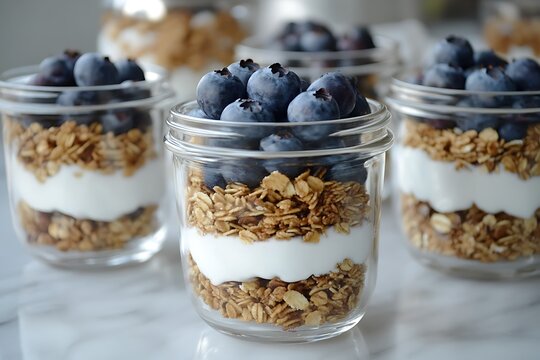 A harmonious display of elegant yogurt parfaits featuring layers of vibrant blueberries and granola served in charming glass jars, perfect for breakfast or dessert.