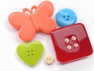 A colorful photo of a set of four fabric buttons, including a butterfly, a heart, a square, and a round button, with a small white button.