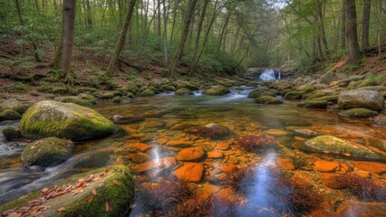Obraz premium Tranquil forest stream flowing through nature landscape with sunlight