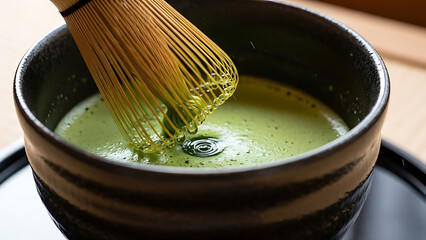 Whisking traditional matcha tea