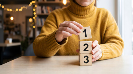 person with light skin, wearing a mustard yellow turtleneck sweater, holding wooden cubes numbered 1, 2