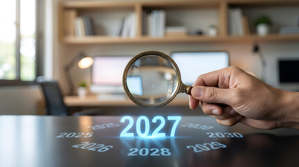 A hand holding a magnifying glass reveals "2021" in binary code. The background shows a modern, sunlit room with bookshelves and a window.