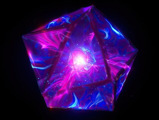 A luminous geometric crystal cube glowing with swirling neon energy inside a dark digital space. Generative AI.