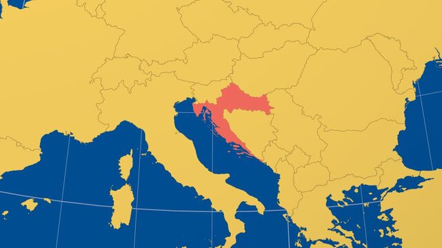 Croatia on Globe. Animated zoom into the country in Ocean Blue Golden Yellow color palette. Croatia logo animation. Map with meridians, parallels. Charming video.