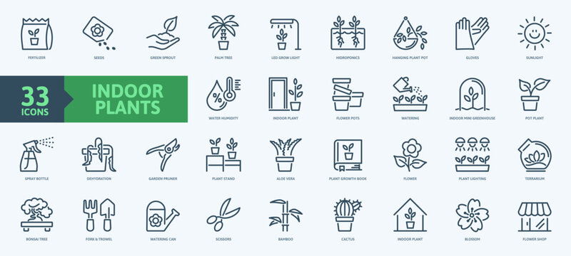 Indoor plants, web icon collection, thin lines, outline icons. The set contains images of indoor plants, flowers, growing, watering, and plant care.