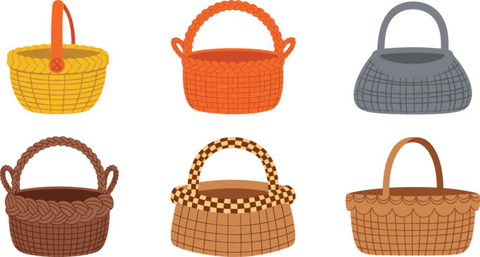 Wicker basket collection set woven picnic storage containers rustic flat vector illustration isolated on white background