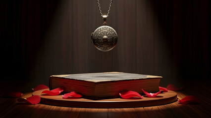Vintage ornate silver locket suspended above an ancient leather-bound book resting on a wooden pedestal surrounded by dark red rose petals.