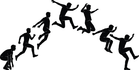 Jumping man silhouette sequence showing running, leaping, landing motion, dynamic human movement, energy, action, and athletic progression concept